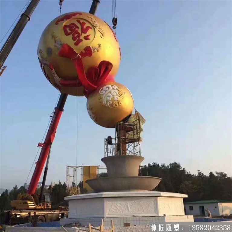 不锈钢葫芦雕塑景观 悬空葫芦喷泉雕塑厂家定制 福字彩带款